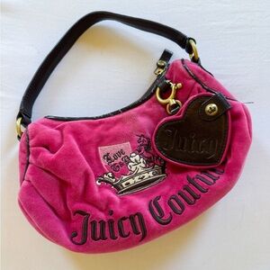 Juicy Couture Pink Velour Handbag with Heart Charm and Logo Detailing